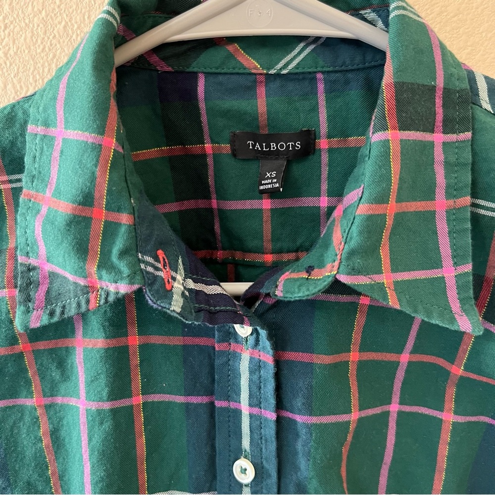 Talbots Plaid Button Down Shirt Womens XS Extra Small Green Blouse Top Festive - Picture 3 of 8